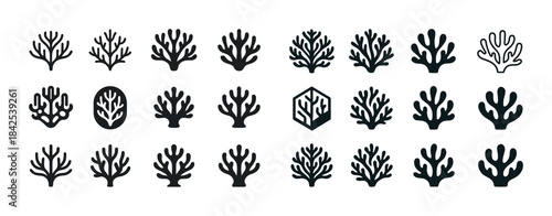 Set of diverse coral icons in various styles and shapes