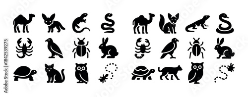 Silhouette icons of desert and wildlife animals including camels