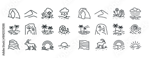 Line art nature icons collection: landscapes, plants, animals, w