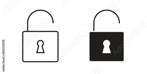 Unlock icon in line design and solid black and white colors for designs