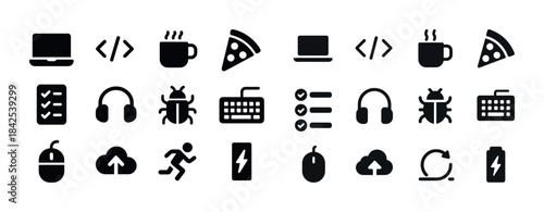 Technology and lifestyle icons: laptop, code, pizza, coffee, key