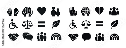 Black and white symbol collection featuring people, balance scal