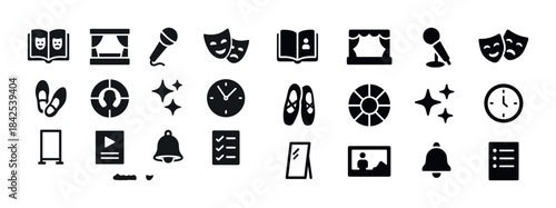 Icon set: theater, music, dance, reading, time, stars, bell, che