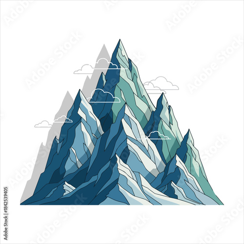 A dramatic vector illustration of a cluster of sharp, jagged mountain peaks in shades of blue and turquoise, with faint white clouds