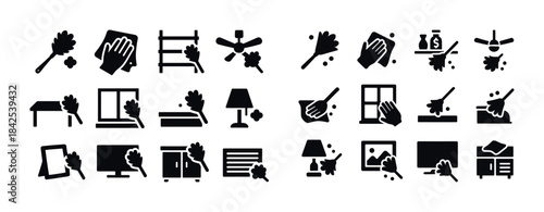 Black and white icons of cleaning tools and activities for house