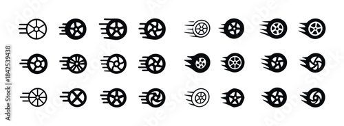 Vector icons of spinning wheels and motion elements