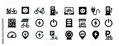 Electric bicycle icons set: charging, parking, energy symbols fo