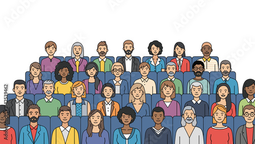 Diverse group of people sitting in rows on blue seats together in a crowd
