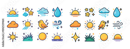 Colorful weather and nature icon set with sun, stars, clouds, an