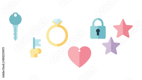 Collection of Icons: Charming array of icons, including a key, key, ring, lock, heart, and stars. each icon representing a unique facet of life and love
