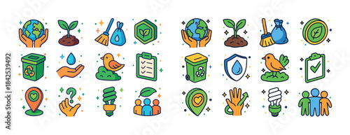 Eco-friendly icons collection featuring plants, recycling, anima