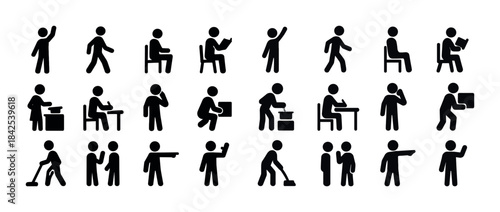 Simple black stick figures in various activity poses