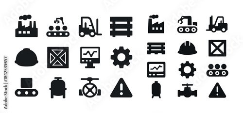 Industrial icon set: machinery, construction, safety, automation