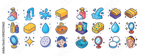 Colorful bathroom and skincare icons: soap, faucet, towels, mirr