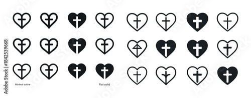 Heart and cross icons collection: minimal outline and flat solid