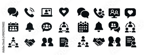 Set of communication and collaboration icons including phone, vi