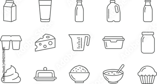 Dairy food icon set, milk containers, cheese, yogurt, butter, cereal, kitchen tools, outline style, nutrition, breakfast elements