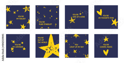 Chalk crayon star illustrations with twinkle effects and warm light accents. Cute hand drawn cosmic cards with inspirational quotes, perfect for Valentine designs, kids prints, greeting cards, posters