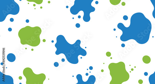 A playful seamless pattern with blue and green paint splatters on a white background