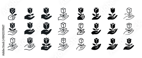 Collection of hand-holding flower icons in various styles