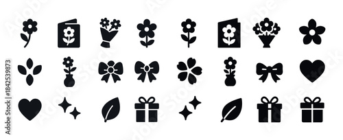 Black and white floral and gift icons: bouquet, bow, heart, leaf