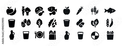 Collection of healthy food icons including fruits, vegetables, g