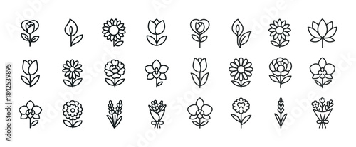 Minimalist floral icons set featuring diverse flower designs in