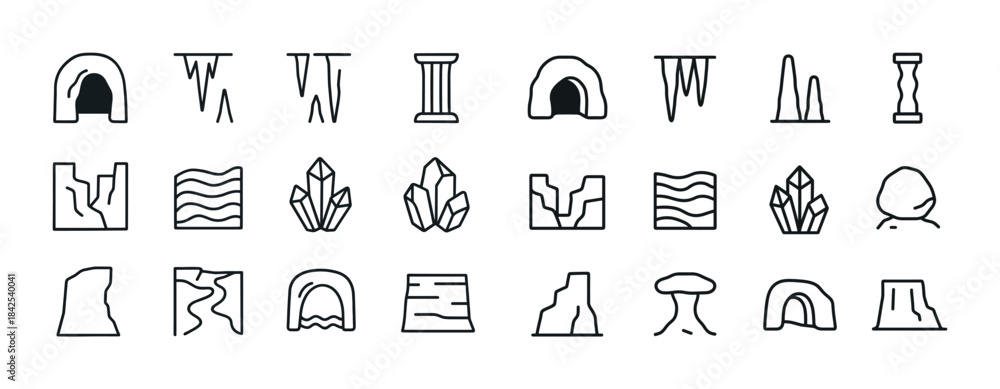 Naklejka premium Minimalist cave and rock formation icons in black and white line