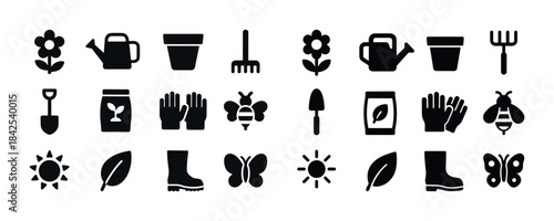 Gardening tools and nature icons: flowers, bees, gloves, boots,