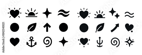 Minimal black icon set: hearts, suns, arrows, spirals, and more