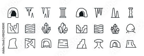Minimalist cave and rock formation icons in black and white line