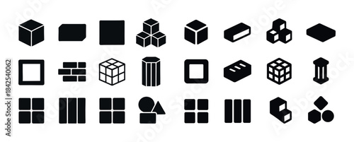 Set of geometric shapes and icons in black silhouette