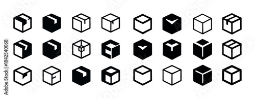 Black and white geometric hexagon and cube icons set