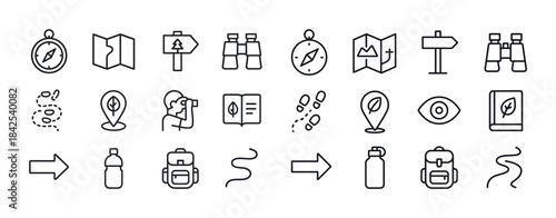 Line art icons: compass, map, binoculars, hiking, directions