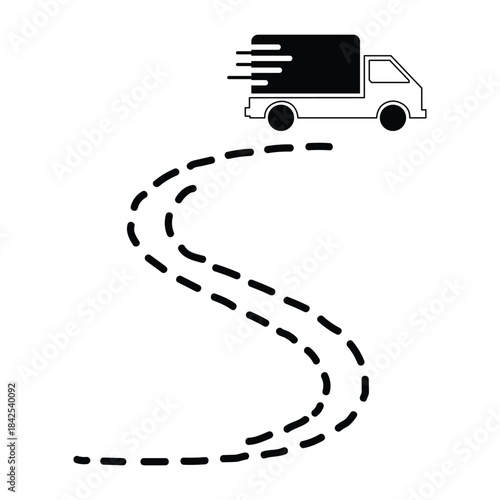 Fast delivery truck moving quickly along a winding road with motion lines