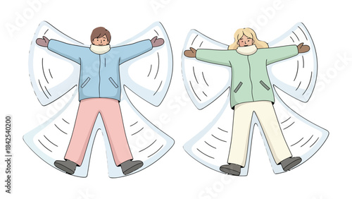 Snow Angels: Two figures create a classic snow angel shapes, embraced by a pristine, frosty landscape, illustrating the joy of winter play.