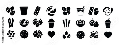 Black and white snack icons: nuts, yogurt, cheese, and more