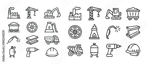 Construction and industrial line art icons set featuring heavy m