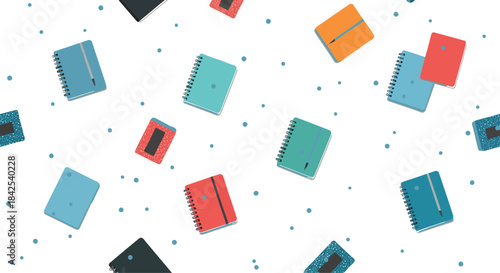 A seamless pattern featuring colorful notebooks and journals scattered across a white background