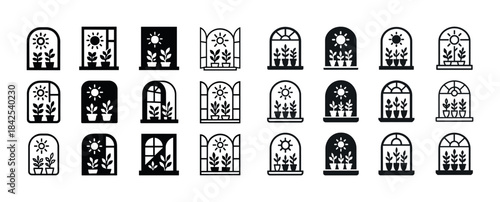 Window garden icon set: sunlit houseplants in various window sty