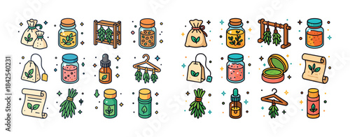 Collection of herbal symbols: jars, bags, and decoctions in vibr