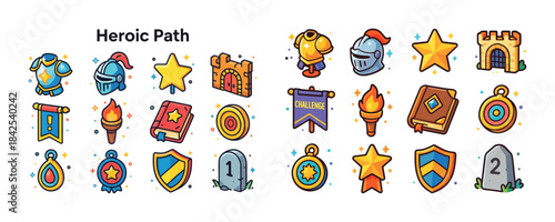 Heroic path icons: helmets, shields, stars, castles, parchments,