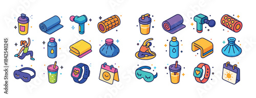 Colorful fitness equipment and accessories collection for active