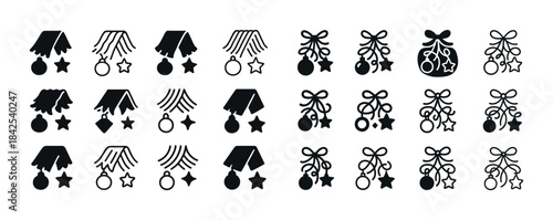 Festive holiday ornament icons with stars and ribbons collection