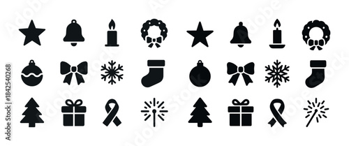 Festive icon set: stars, bells, candles, wreaths, and holiday sy
