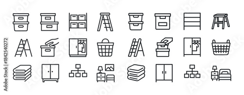 Outline icons of home storage solutions and organization items