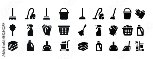 Icon set of cleaning tools and equipment: broom, mop, bucket, va