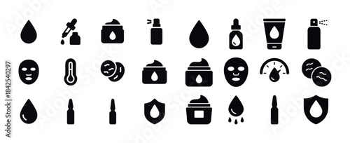 Set of skincare icons featuring serums, creams, masks, and hydra