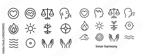 Minimalist symbols set: health, mental clarity, balance, nature,