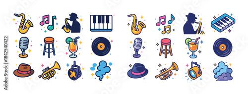 Colorful jazz music icons collection with instruments and musica